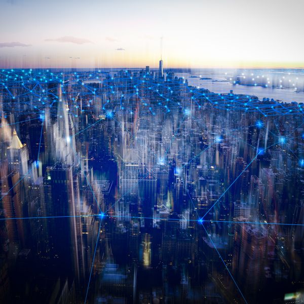 Cityscape with network communication lines